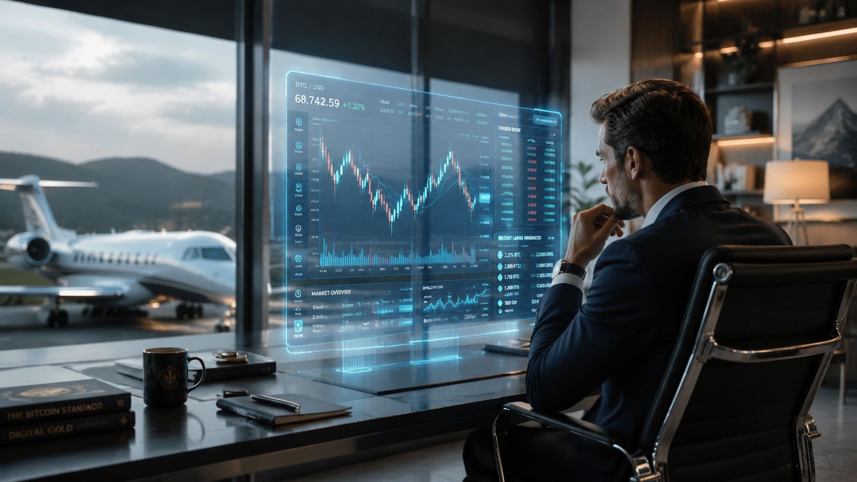 A professional man sitting at a desk looking at a holographic cryptocurrency trading chart display.