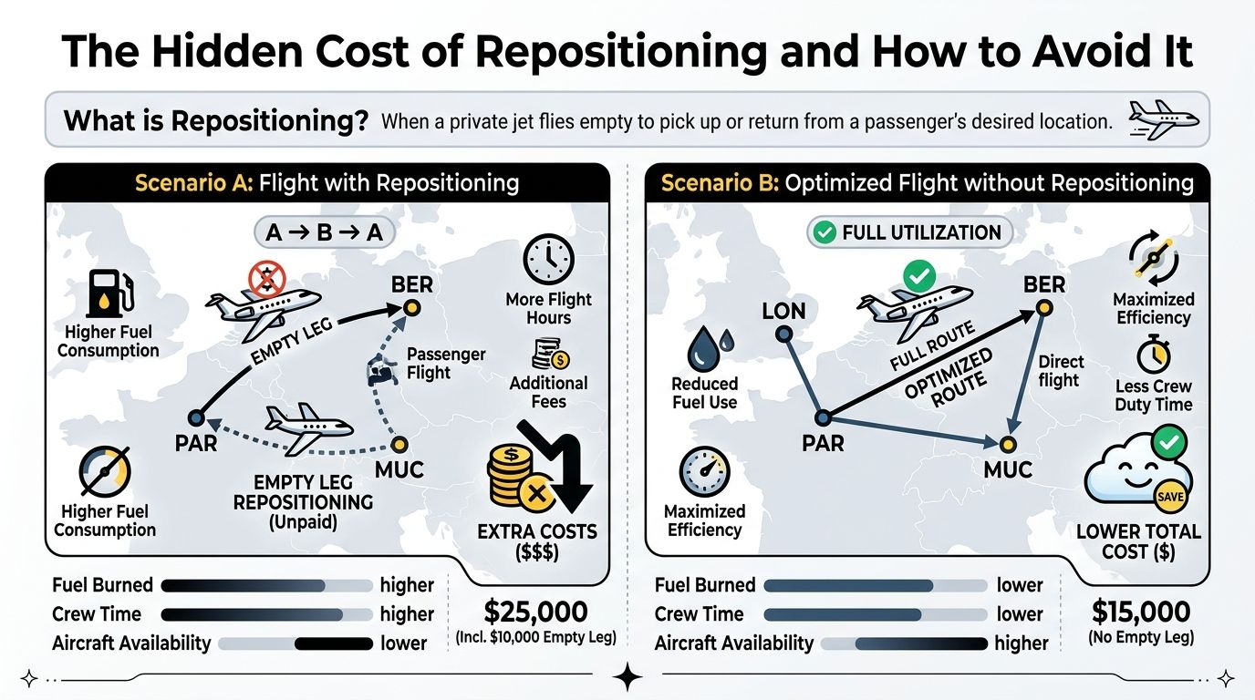 A comparative infographic showing the cost and efficiency differences between private jet repositioning and optimized flight routes.