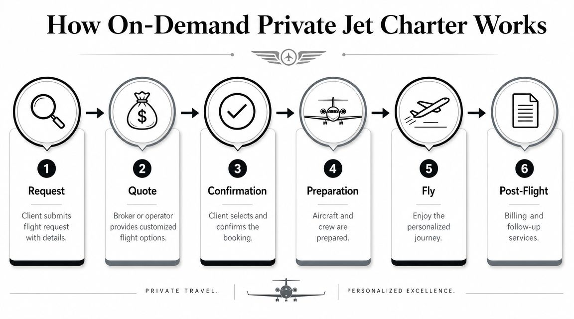 A six-step infographic illustrating the process of booking an on-demand private jet charter from request to post-flight.