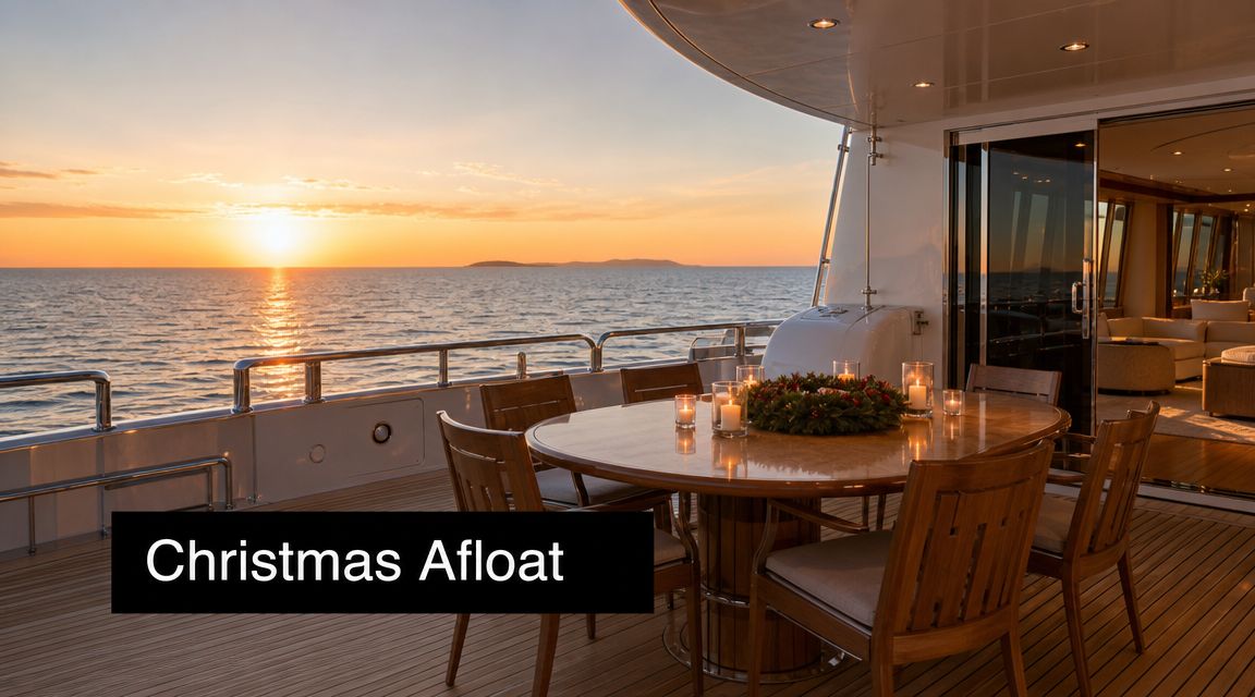 A luxurious yacht deck featuring a dining table set with a festive wreath and candles at sunset.