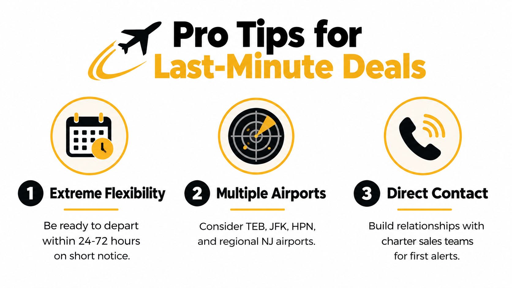 An infographic showing three professional tips for securing last-minute private jet charter deals.