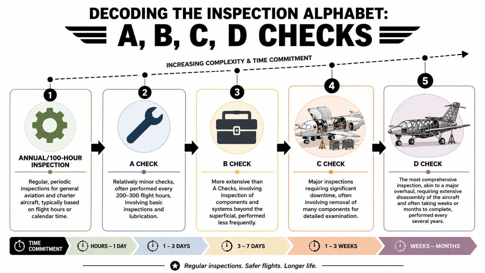An infographic showing the five levels of aircraft inspections, detailing the complexity, time, and scope of each.