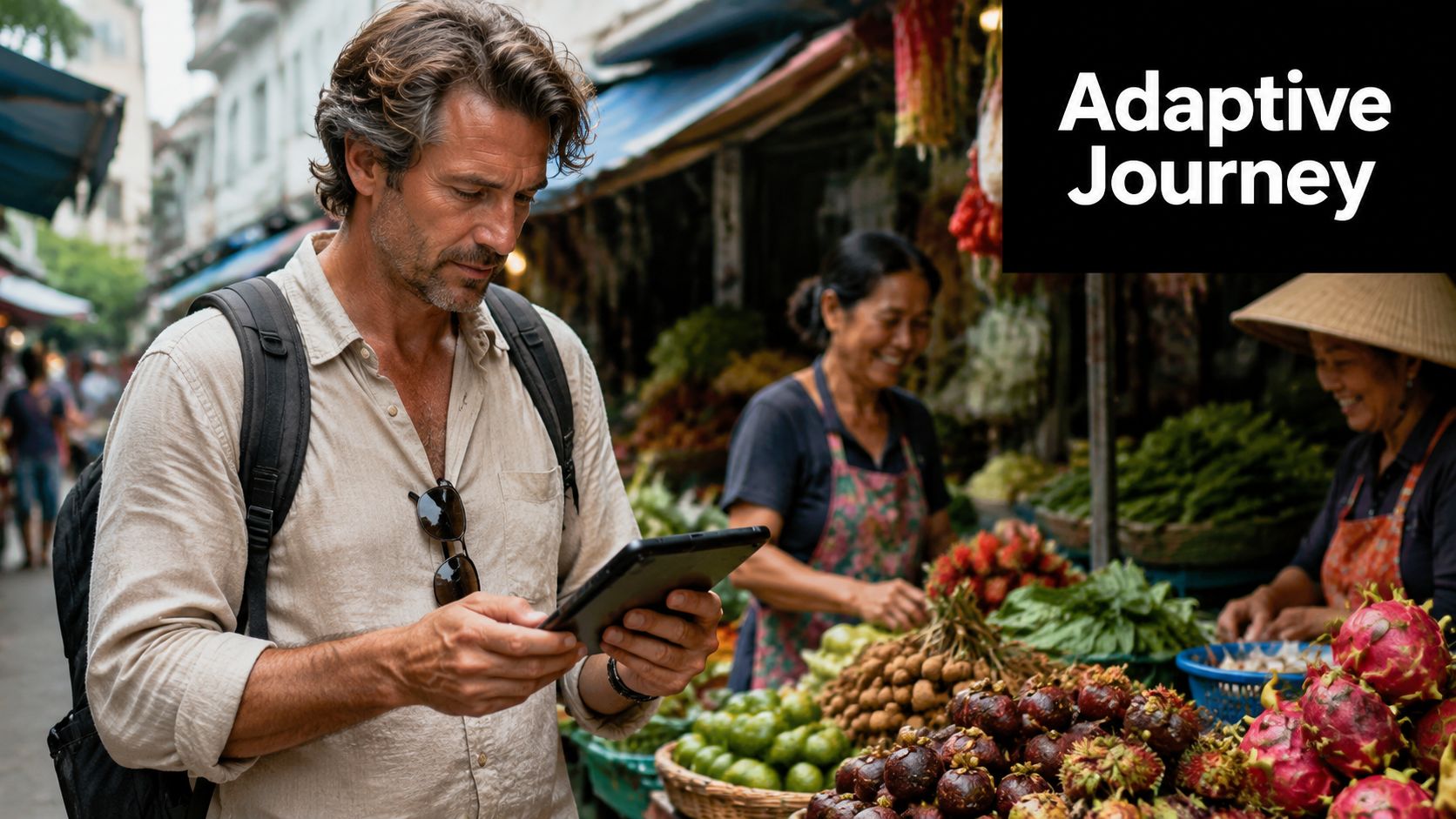 A traveler with a backpack checks a tablet while shopping at a vibrant outdoor fruit market.