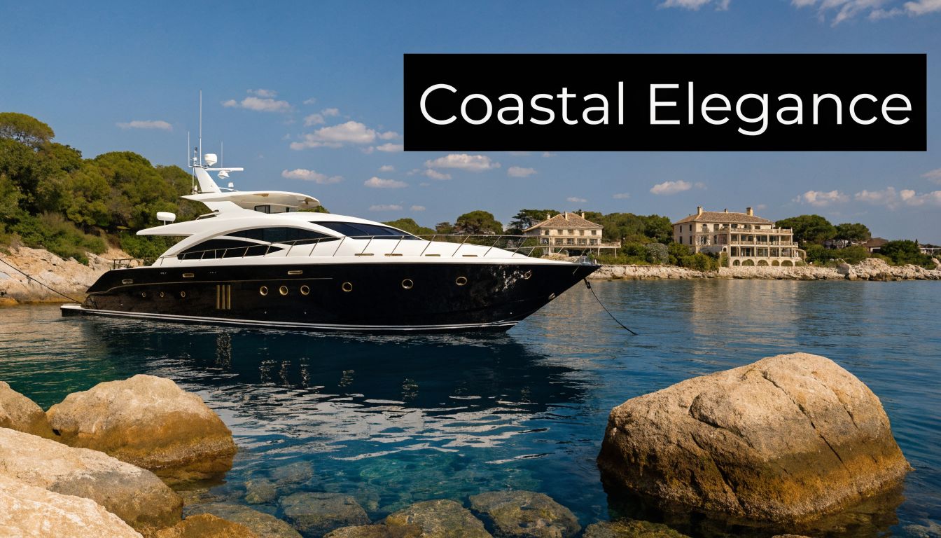A luxurious yacht anchored in a calm Mediterranean bay next to a grand coastal villa.