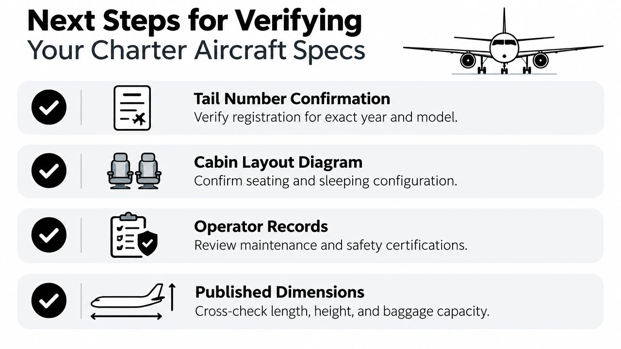 A guide listing steps to verify charter aircraft specifications, including tail number, cabin layout, operator records, and dimensions.
