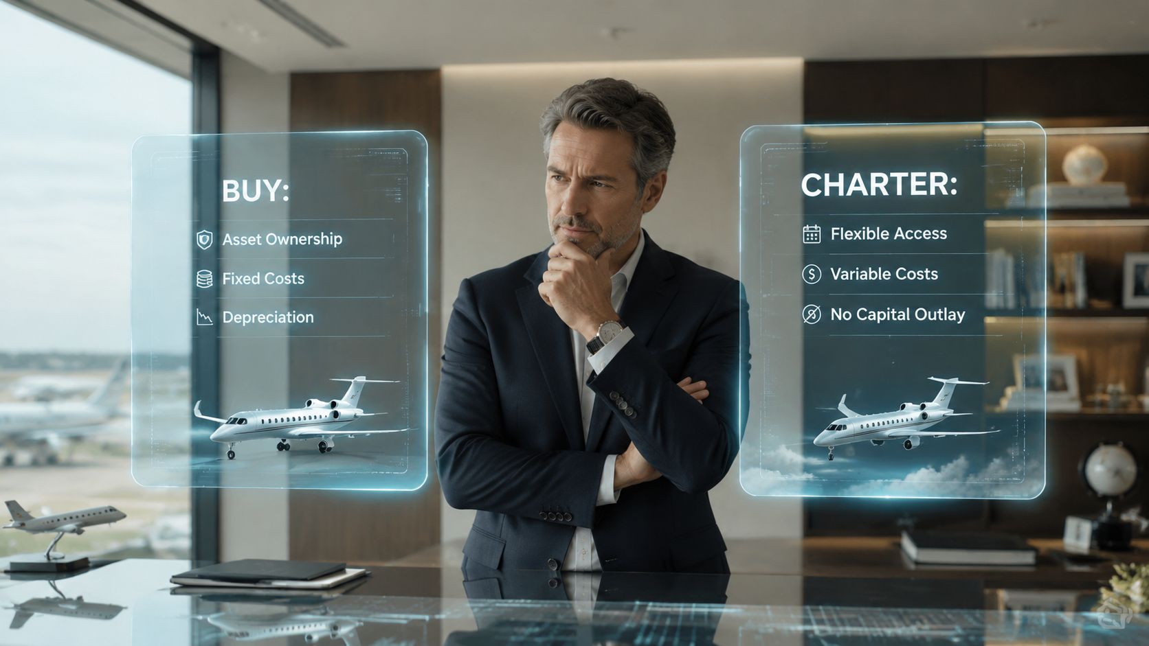 A professional businessman contemplating the comparison between buying and chartering a private jet aircraft for business travel.