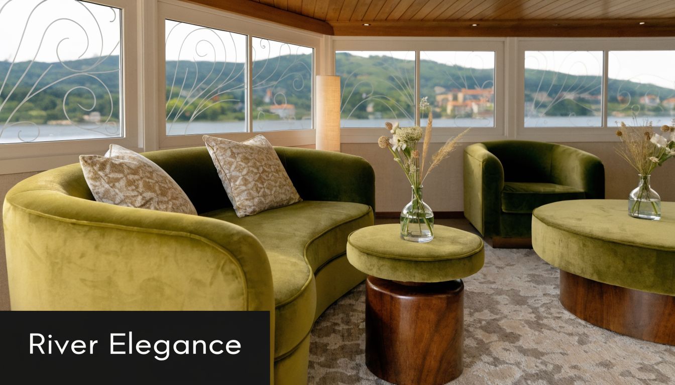 A sophisticated lounge area on a river cruise boat with green velvet furniture and scenic water views.