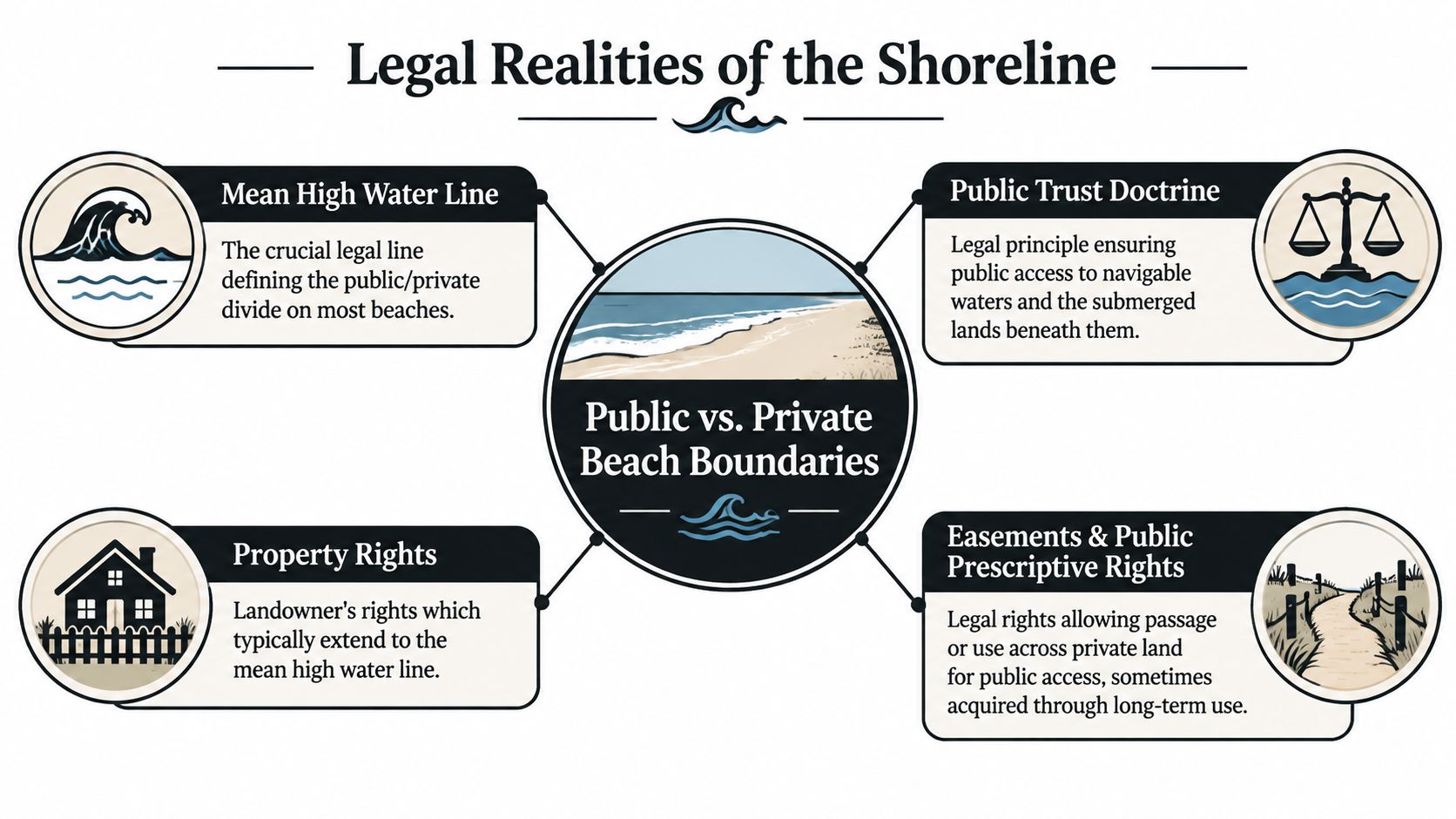 An infographic titled Legal Realities of the Shoreline explaining public and private beach boundary concepts.