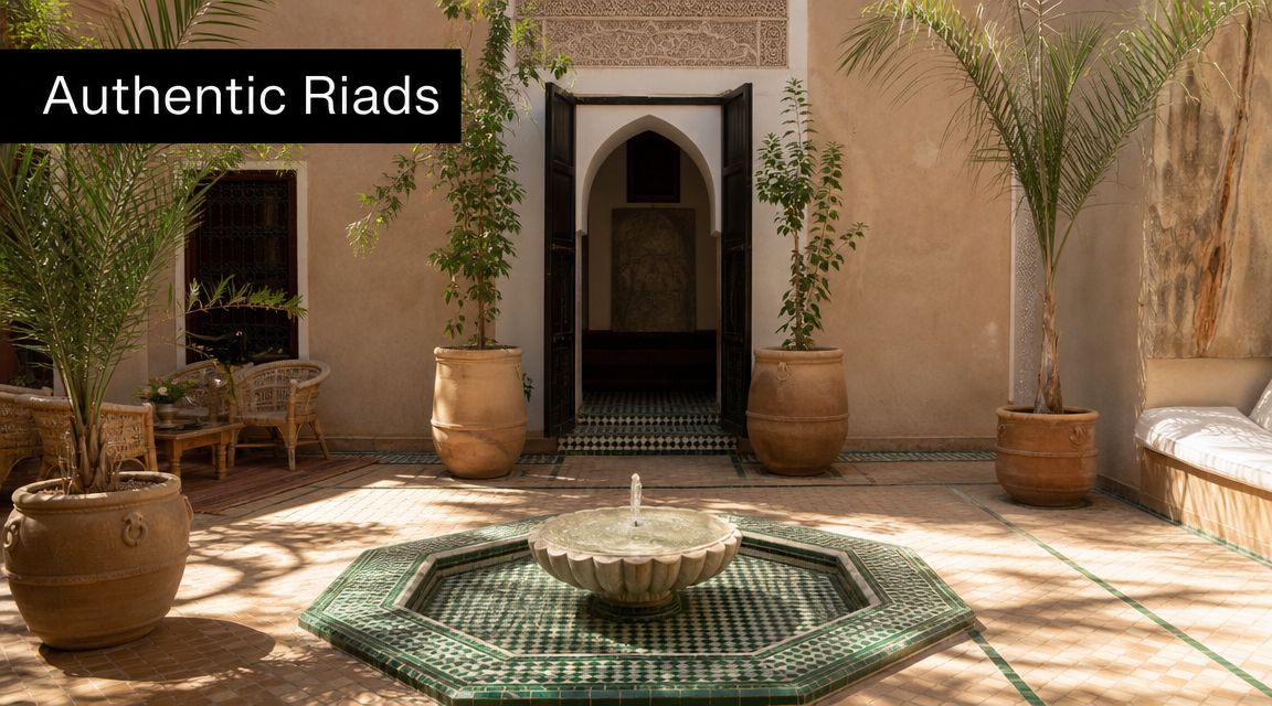 A serene interior courtyard of a traditional Moroccan Riad featuring a central fountain and lush potted plants.