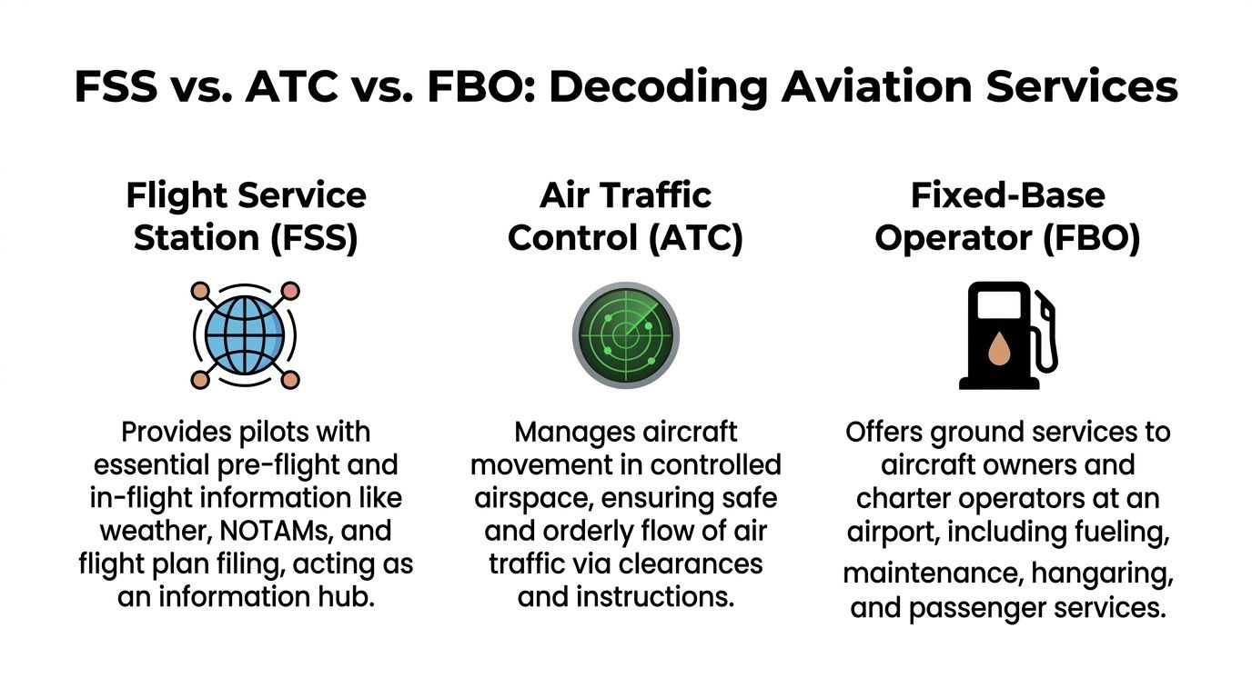 A comparison chart explaining the differences between Flight Service Station, Air Traffic Control, and Fixed-Base Operator.