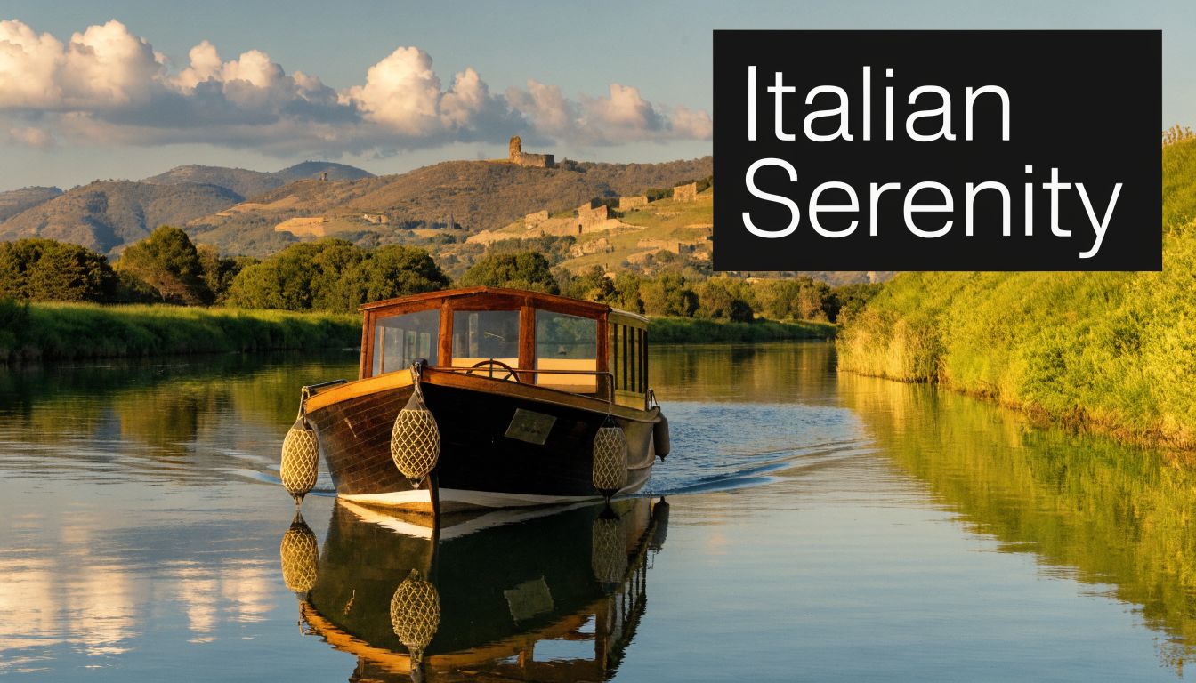 A wooden boat cruises slowly down a calm river surrounded by lush green landscapes and ancient hills.