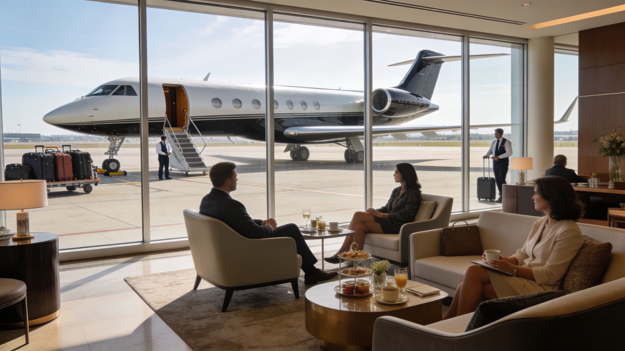 People waiting in a luxury airport lounge viewing a private jet parked on the tarmac outdoors.