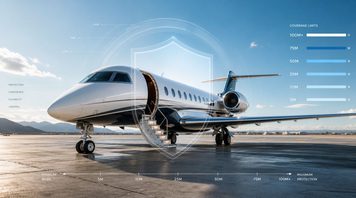 A luxurious private jet on a runway with an overlaid graphic showing aviation insurance coverage limit tiers.