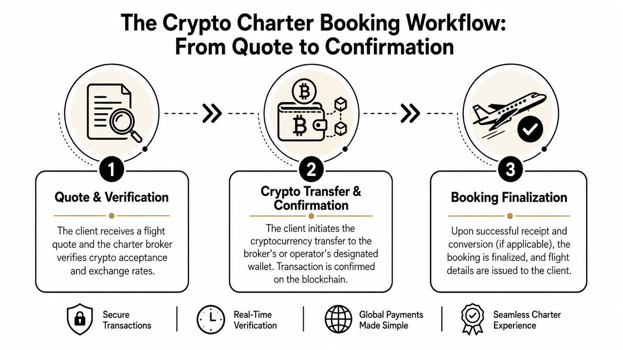 A three-step infographic showing the workflow process of booking a private charter jet using cryptocurrency payments.