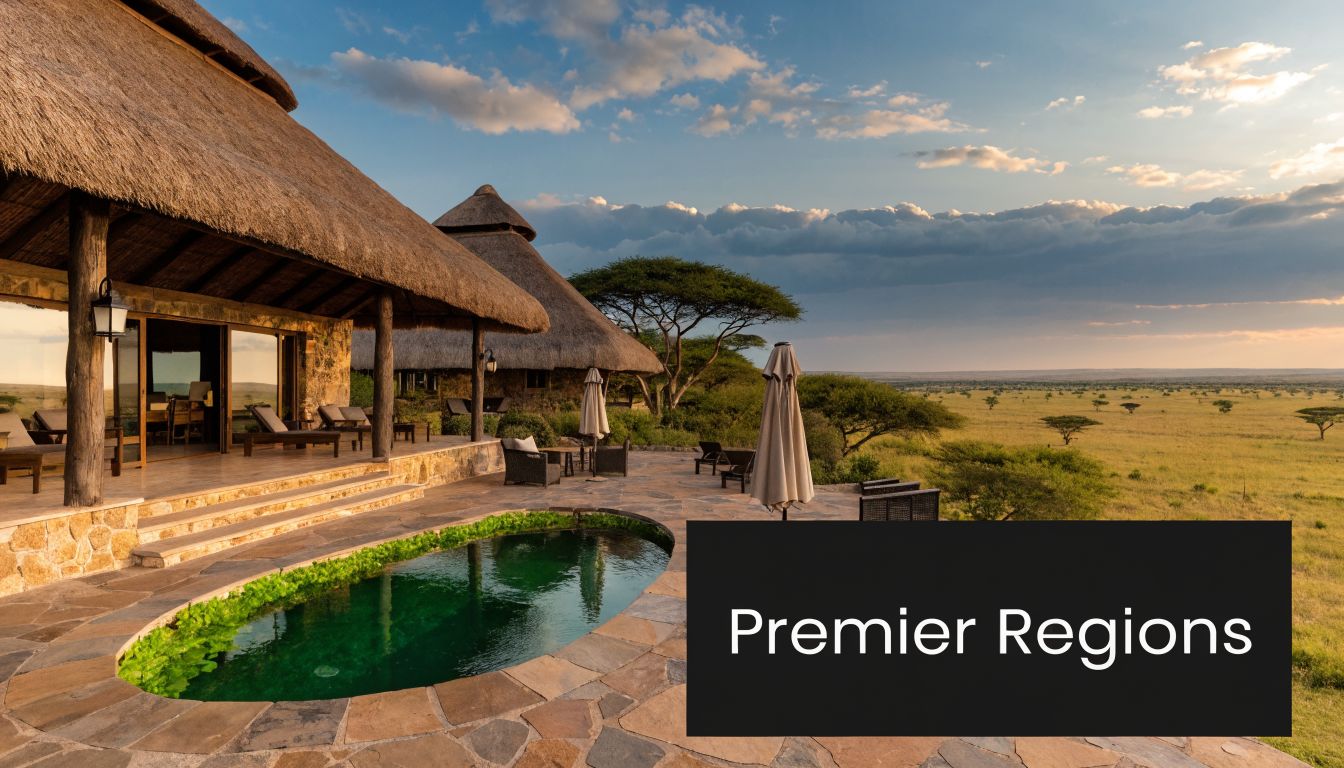 A luxurious lodge patio featuring a private pool overlooking a vast savannah landscape during sunset in Africa.