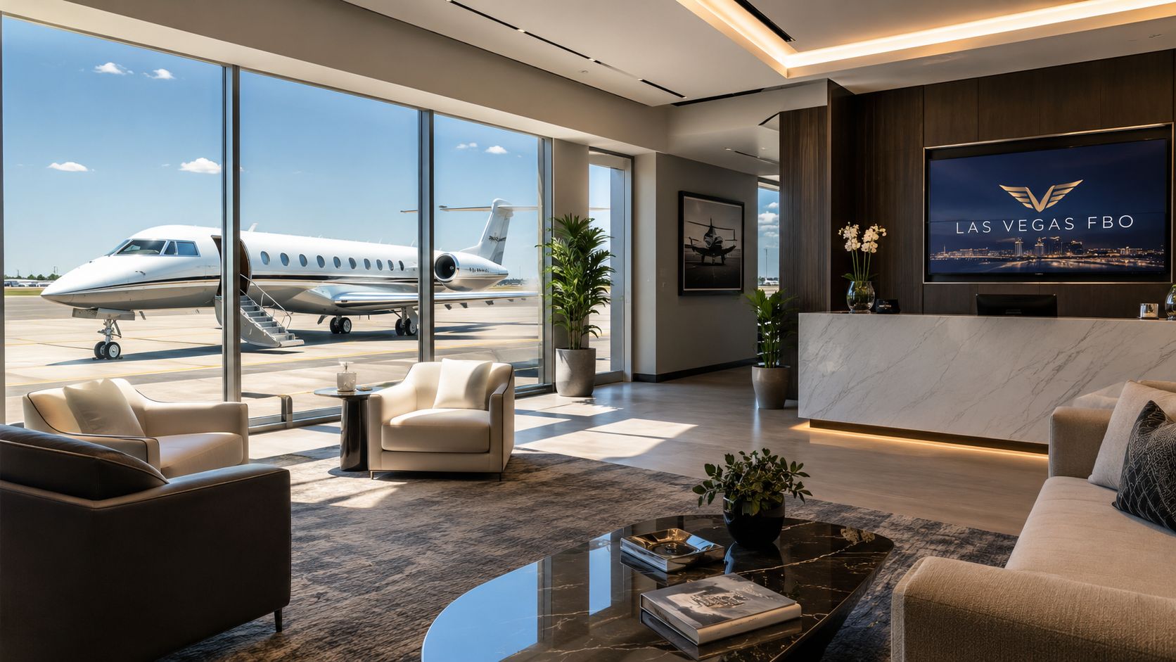 A luxurious airport lounge with large windows viewing a private jet on the tarmac in Las Vegas.