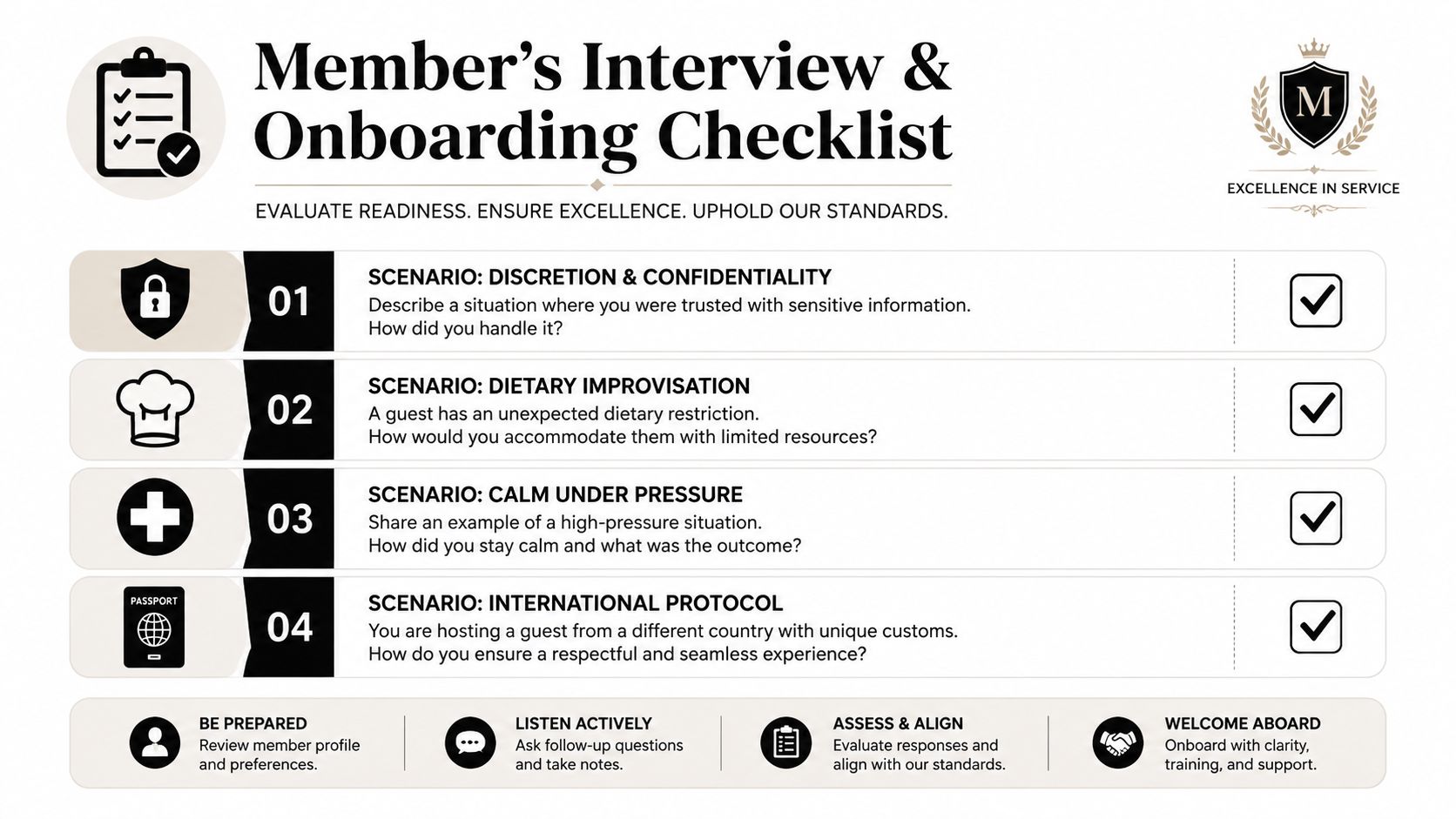 A checklist for interviewing and onboarding new private flight attendants, highlighting essential service skills and protocols.
