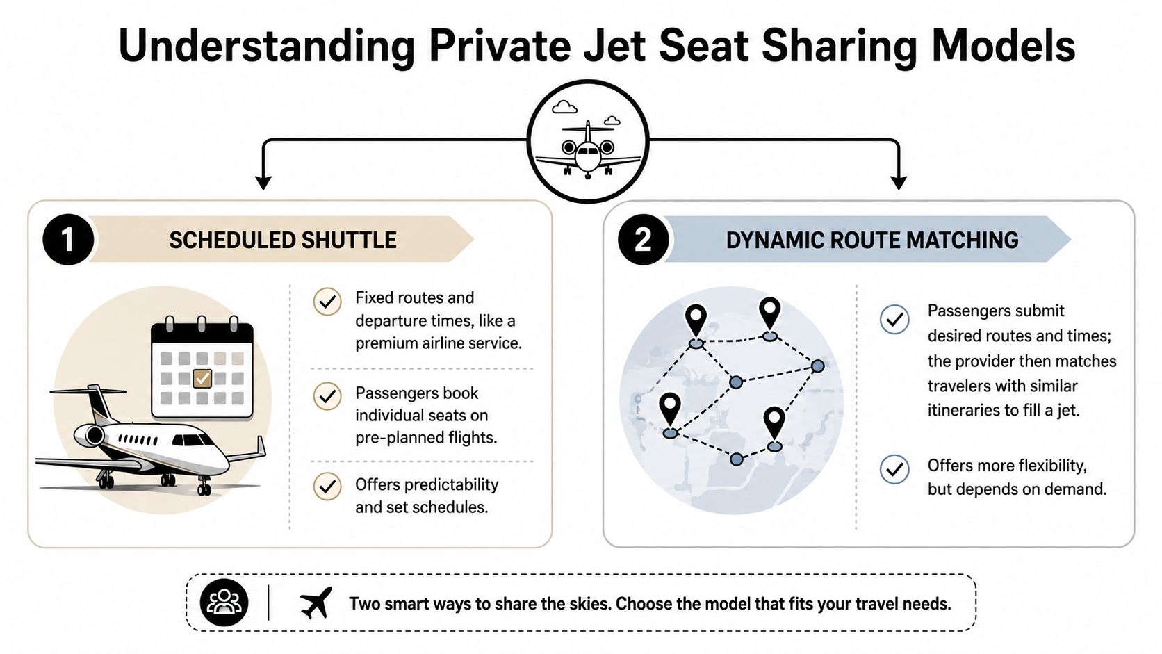 An infographic illustrating two private jet seat sharing models: scheduled shuttle services and dynamic route matching options.