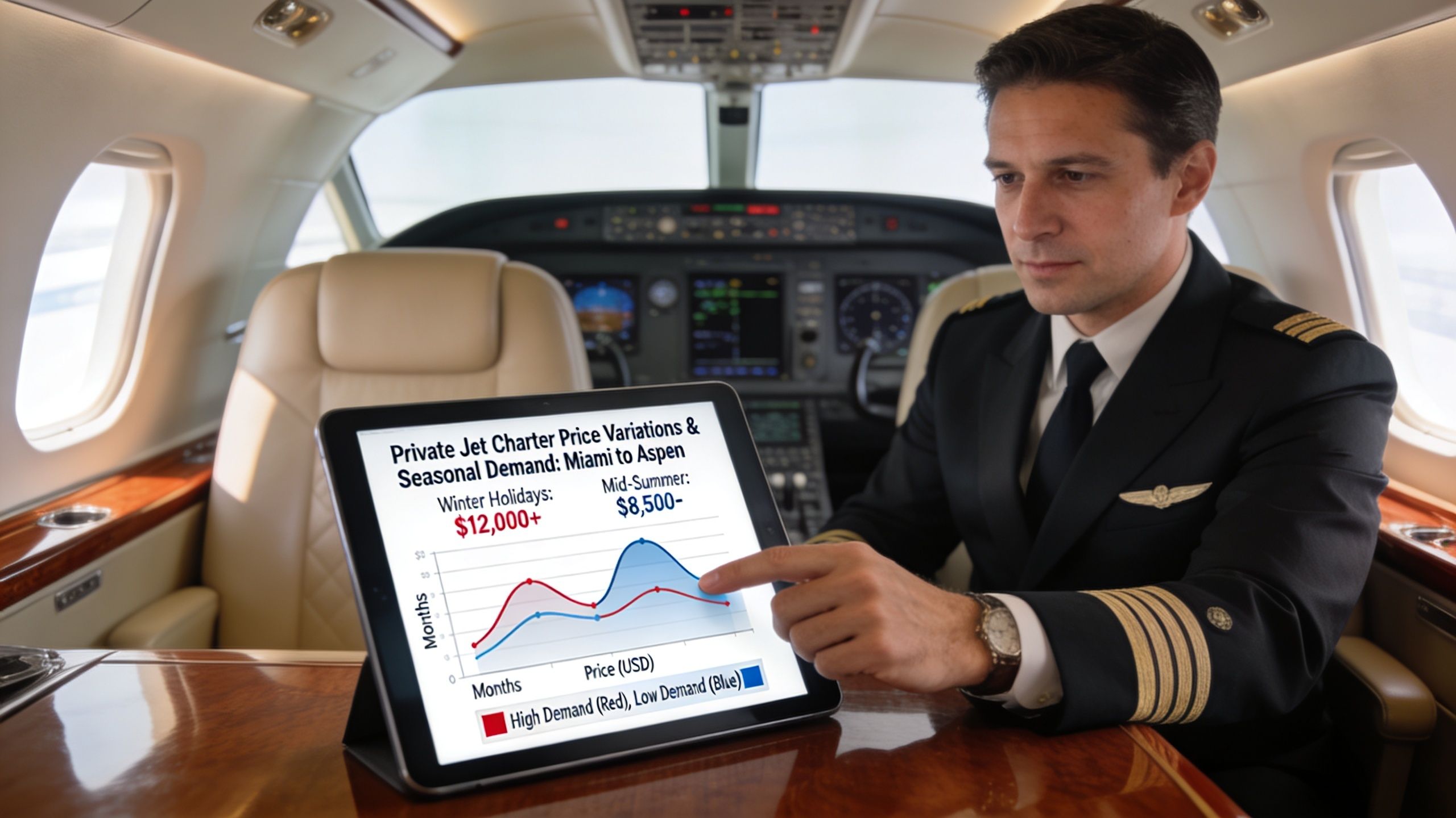 A professional pilot points to a digital tablet displaying a graph of seasonal private jet charter prices.