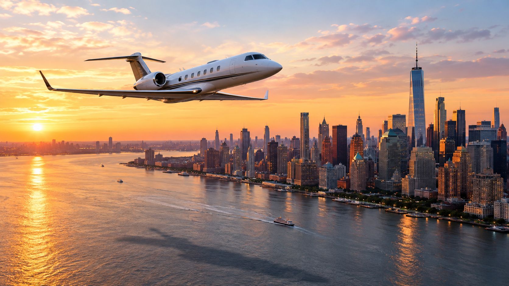 A private jet flying over the Hudson River towards the New York City skyline at sunset.