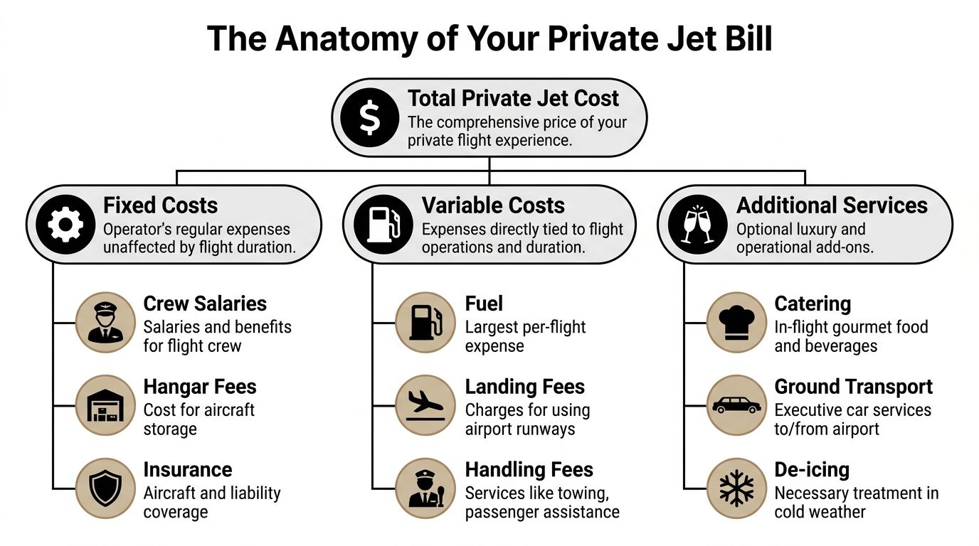 An infographic titled The Anatomy of Your Private Jet Bill detailing fixed, variable, and additional service costs.