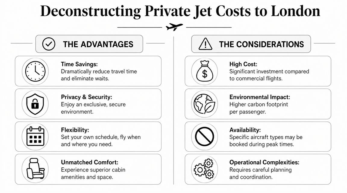 A comparison infographic listing the advantages and considerations of traveling to London by private jet.