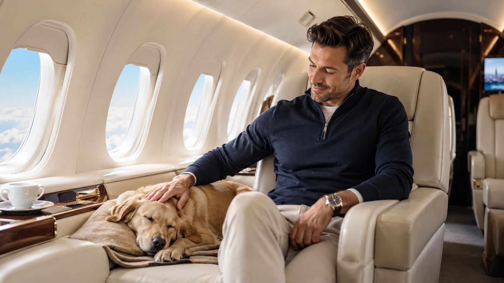 A man in a navy sweater pets his sleeping golden retriever dog while flying on a private jet.