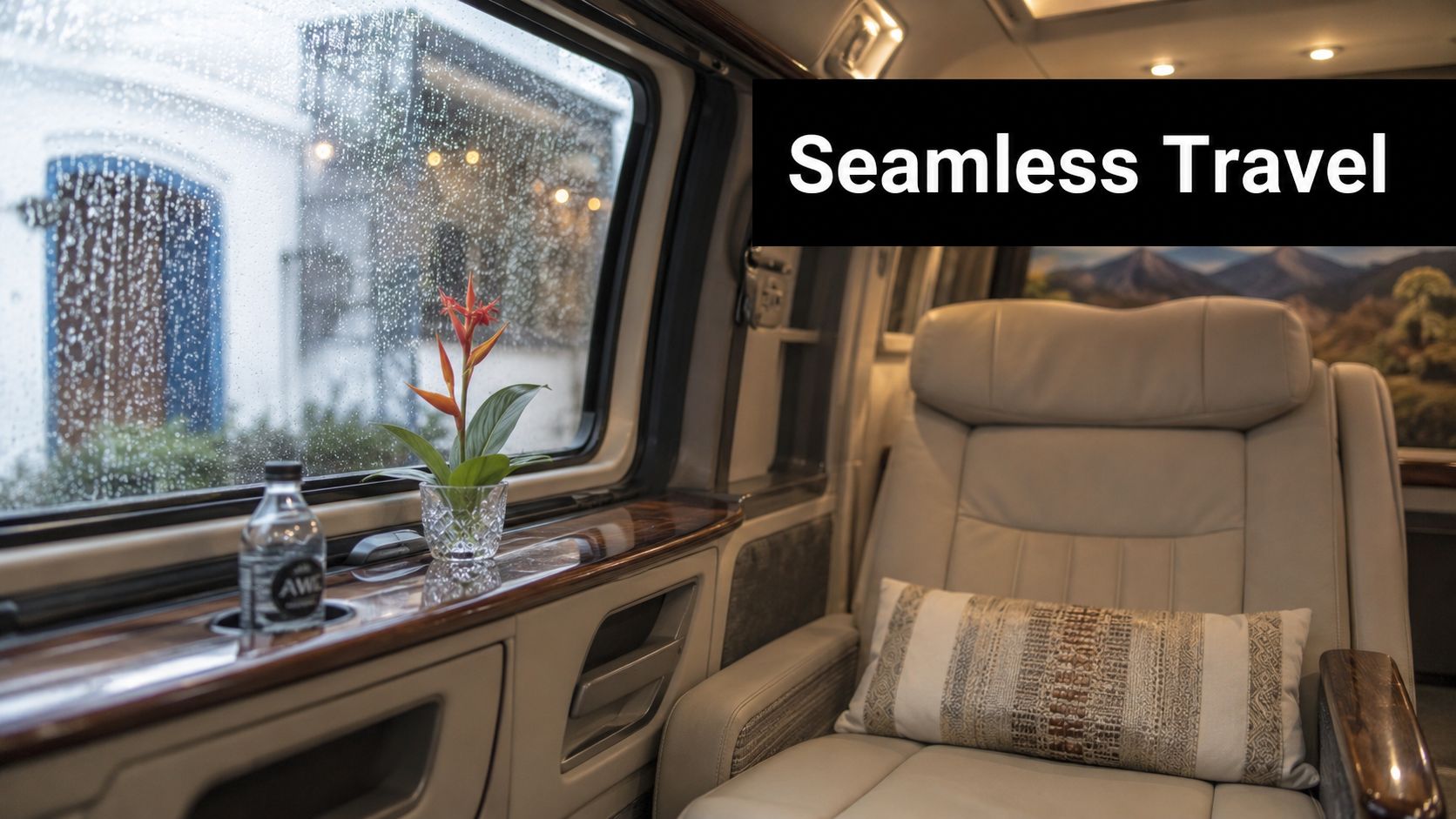 A luxurious van interior featuring a comfortable leather seat, a flower vase, and a rainy window view.