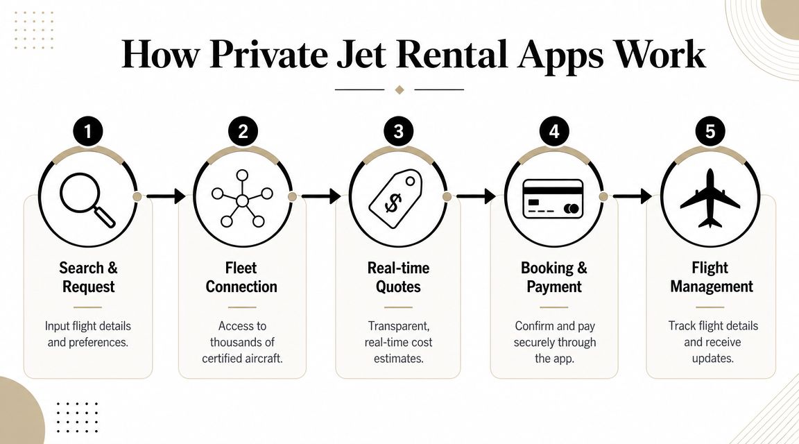 A diagram illustrating the five-step process of how private jet rental apps function for users.