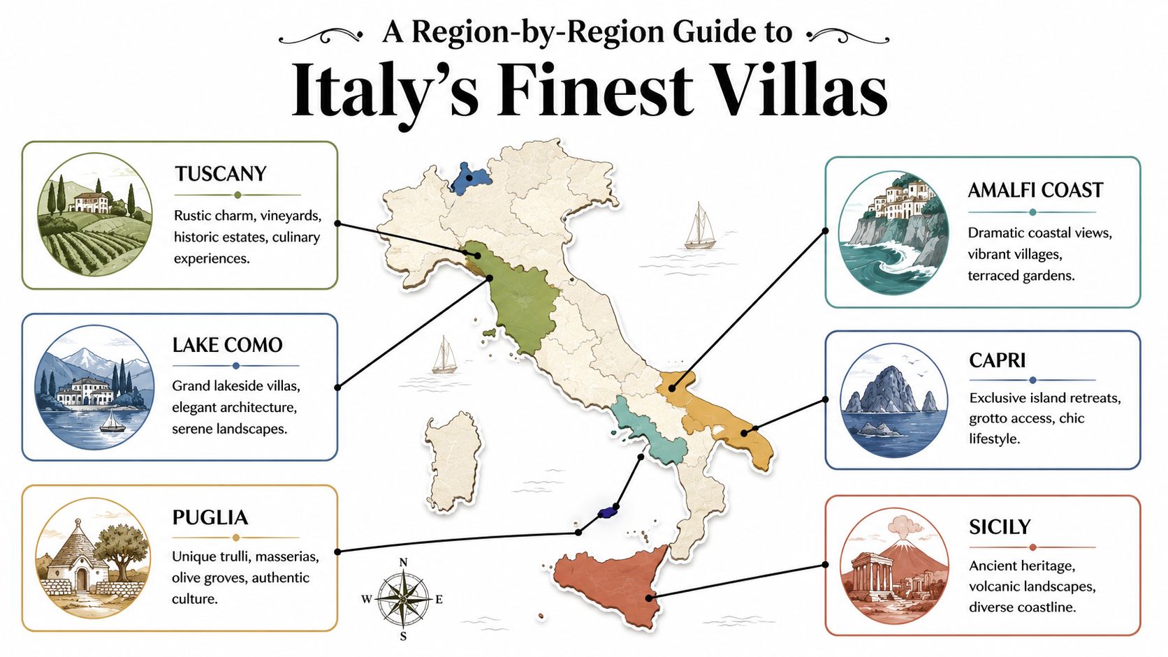 A map of Italy highlighting popular regions for luxury villa rentals including Tuscany, Lake Como, and Sicily.