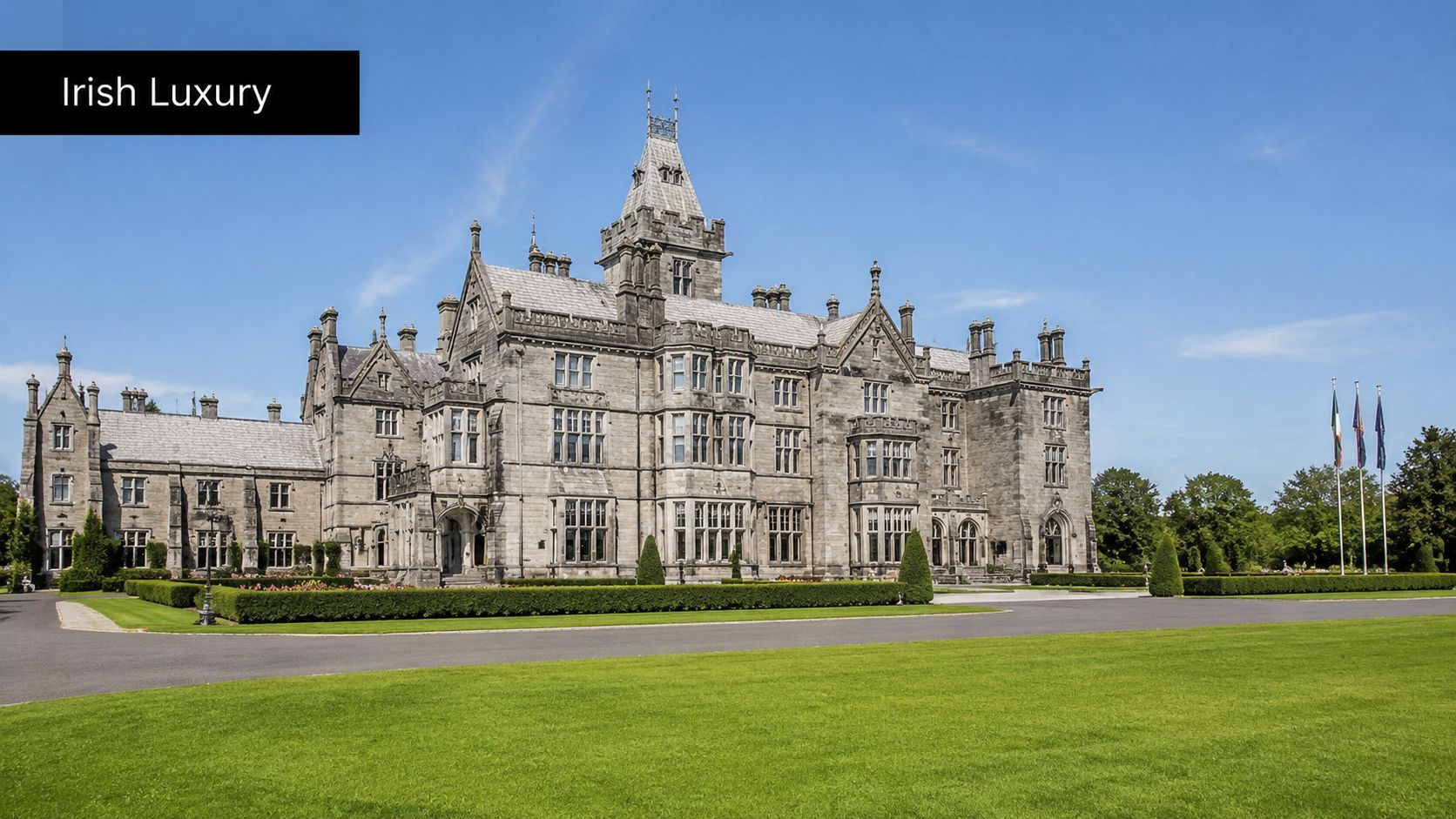 A majestic stone castle, Adare Manor, surrounded by lush green lawns and gardens under a clear blue sky.