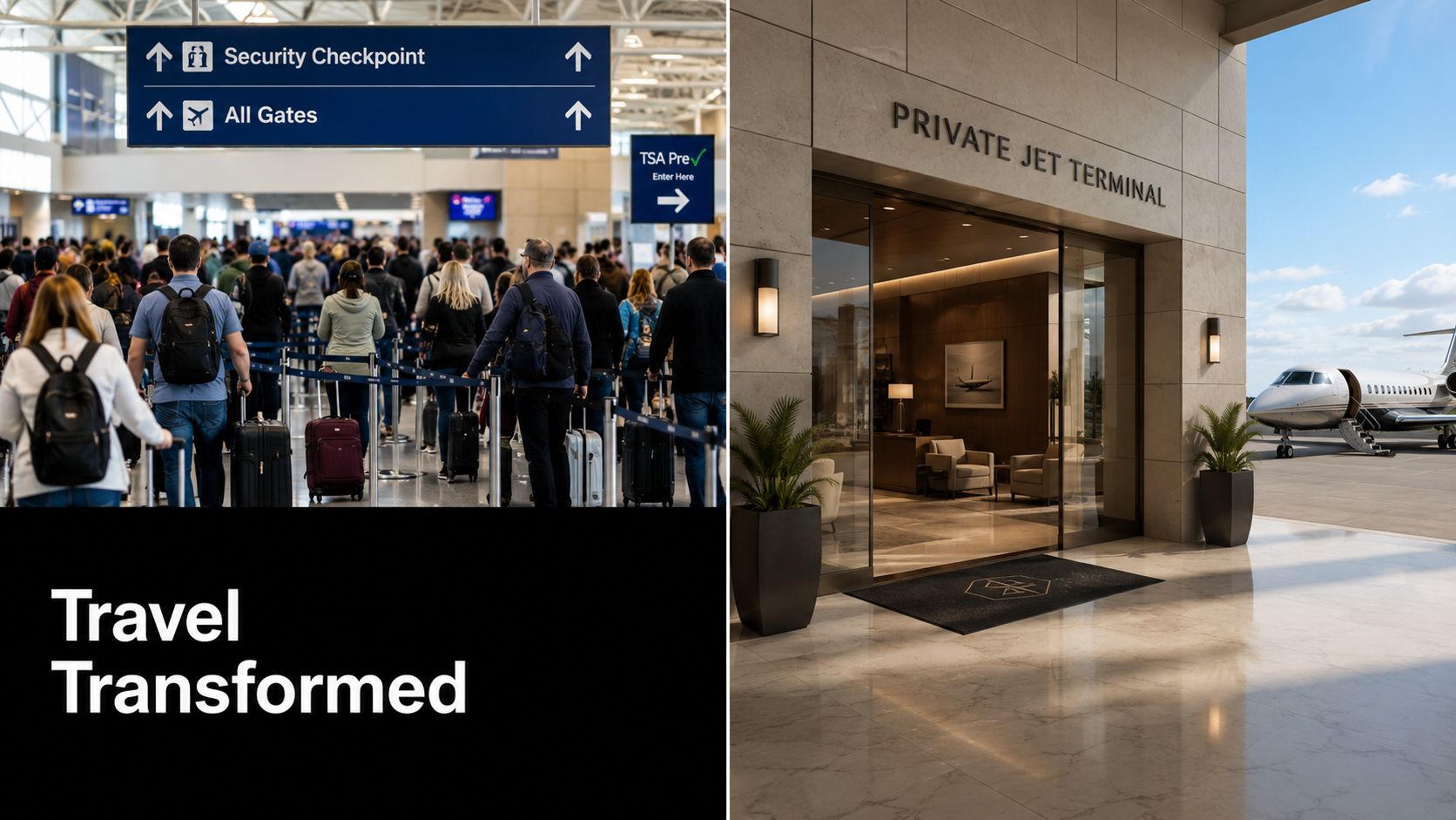 A comparison image showing a crowded airport security line next to a quiet, luxurious private jet terminal.