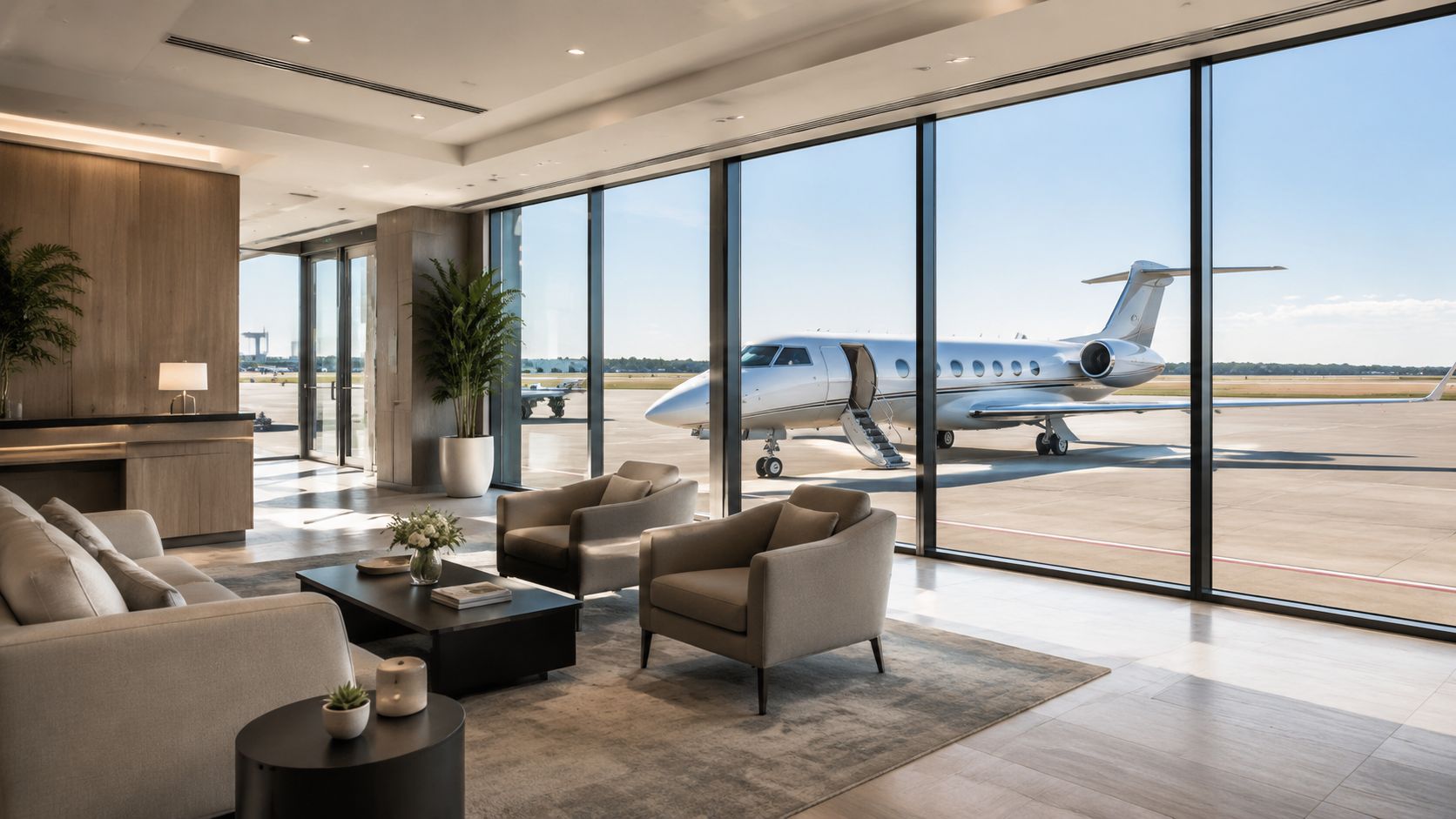 A luxurious modern airport lounge with floor-to-ceiling windows overlooking a parked private jet on the tarmac.