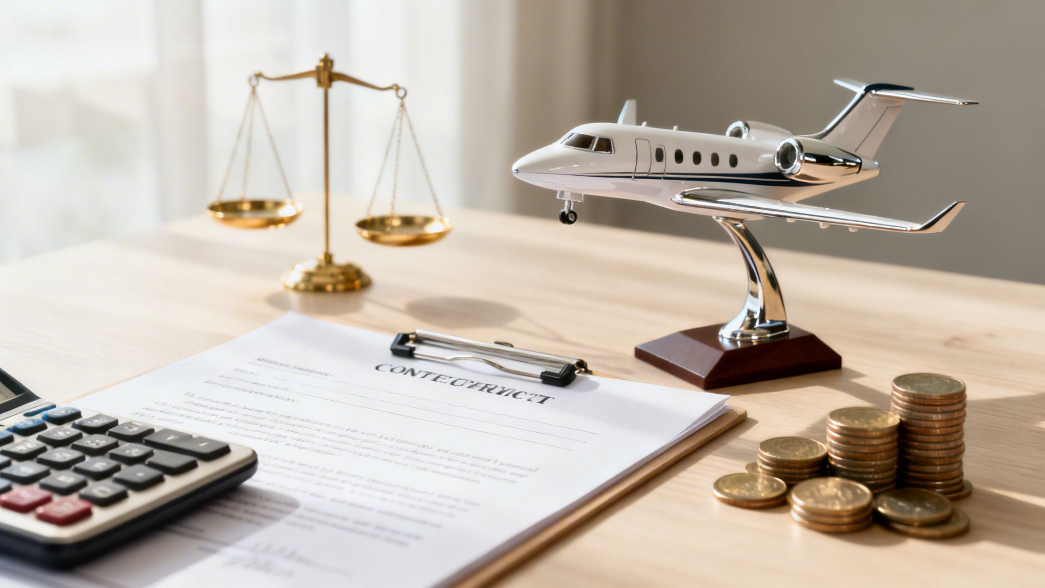 A table with a private jet model, contract, calculator, money, and scales of justice.