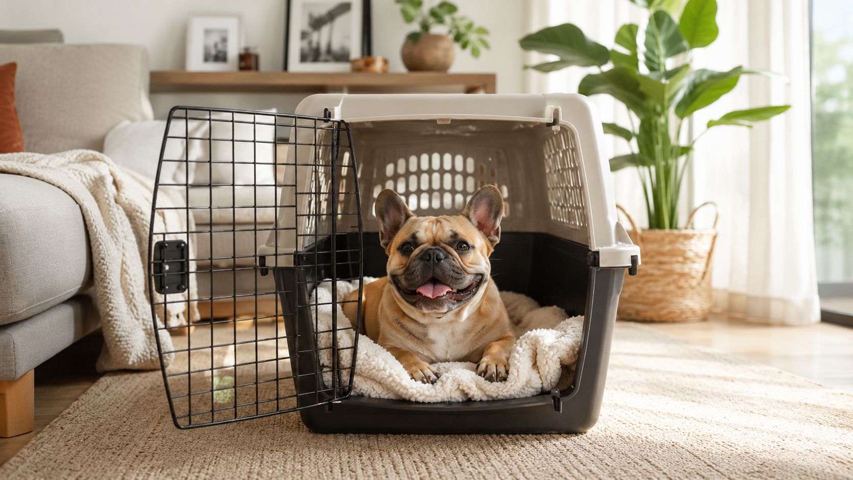 A happy French bulldog lying on a soft white blanket inside a plastic dog travel crate.