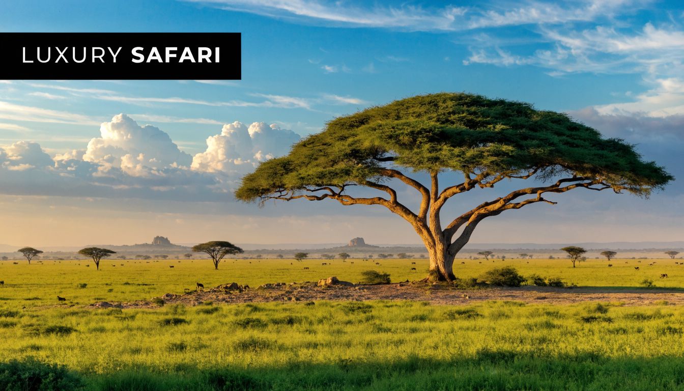 A scenic view of a lone acacia tree on the vast, golden grasslands of the African savanna.