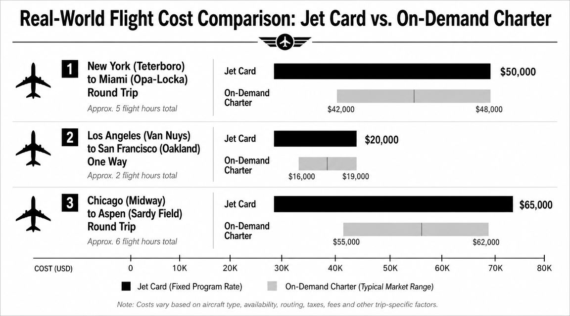 A chart comparing the flight costs of jet cards versus on-demand charters across three different trip routes.