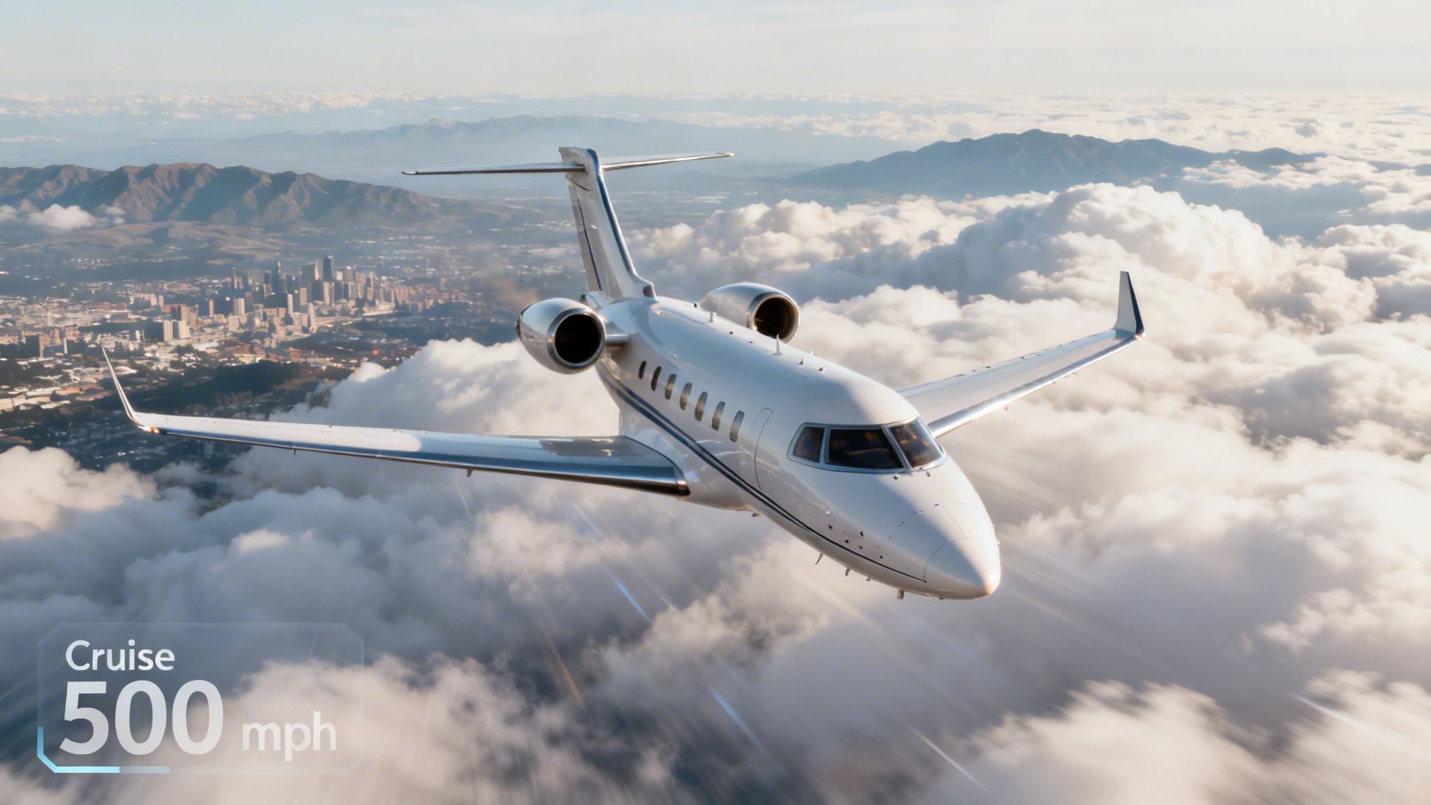 A sleek white private jet cruises above clouds at 500 mph