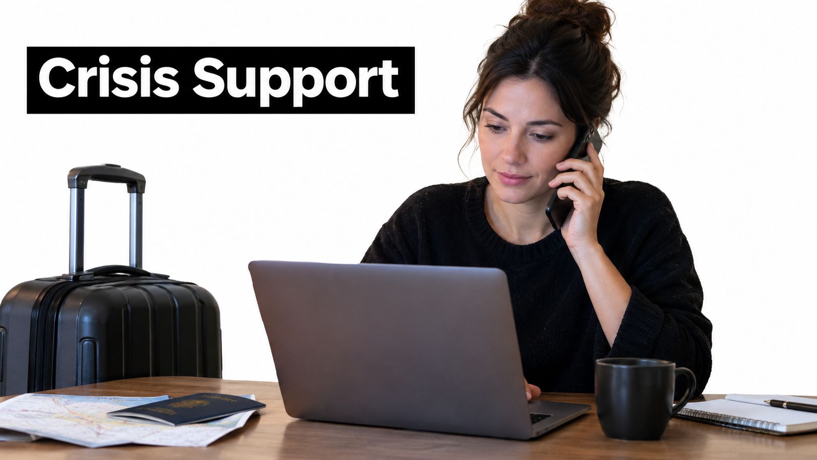 A travel advisor on a phone call while using a laptop to provide professional crisis support services.