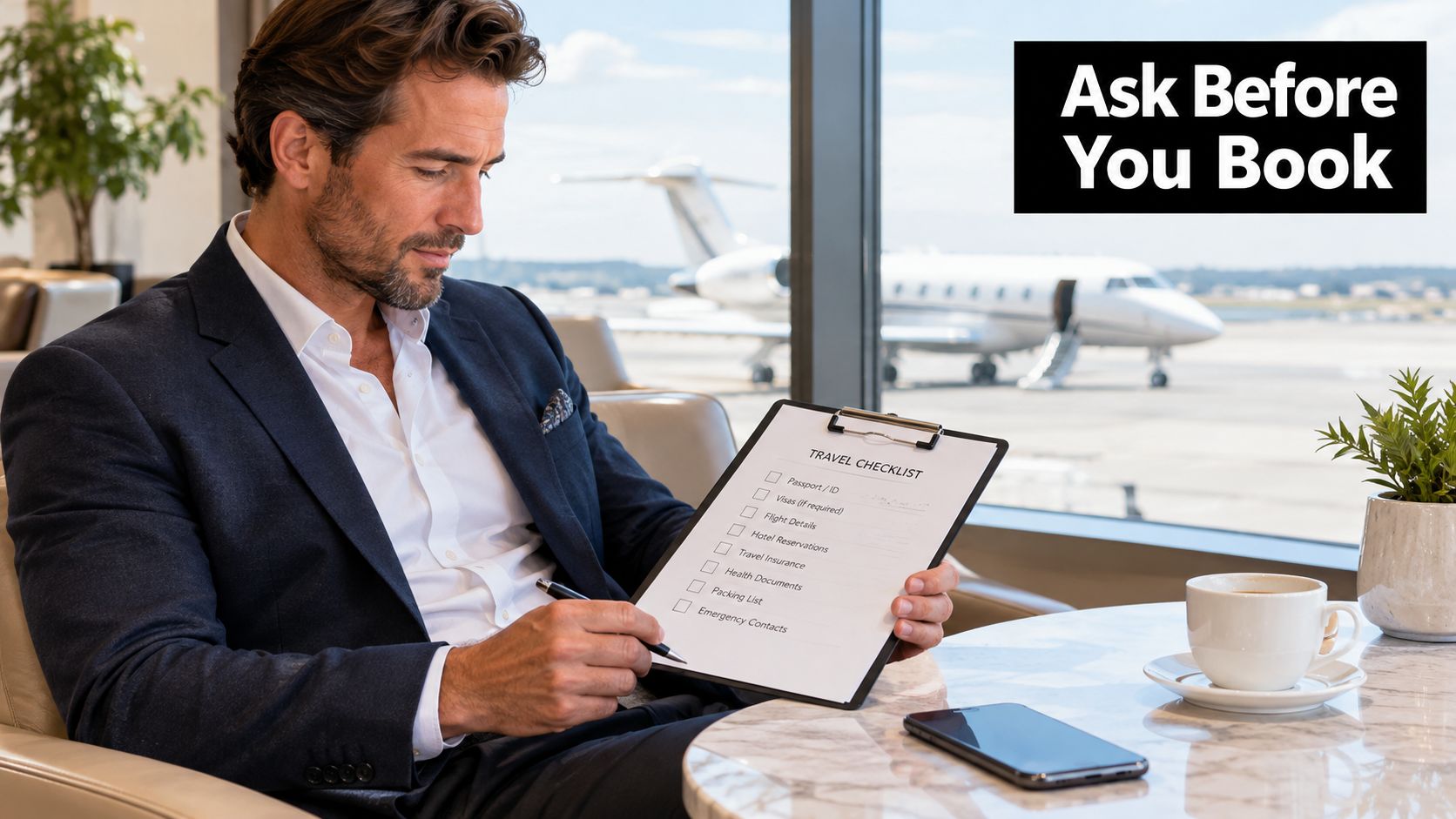 A professional man checking a travel checklist in an office overlooking a private jet at an airport.