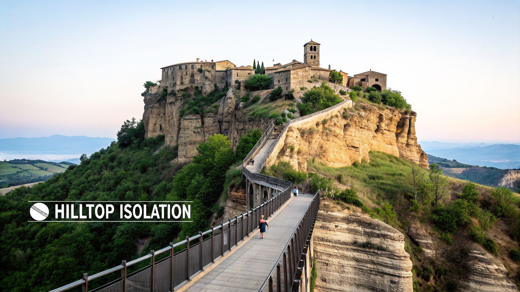 A solitary ancient hilltop village, Civita di Bagnoregio, connected by a narrow footbridge at golden hour.