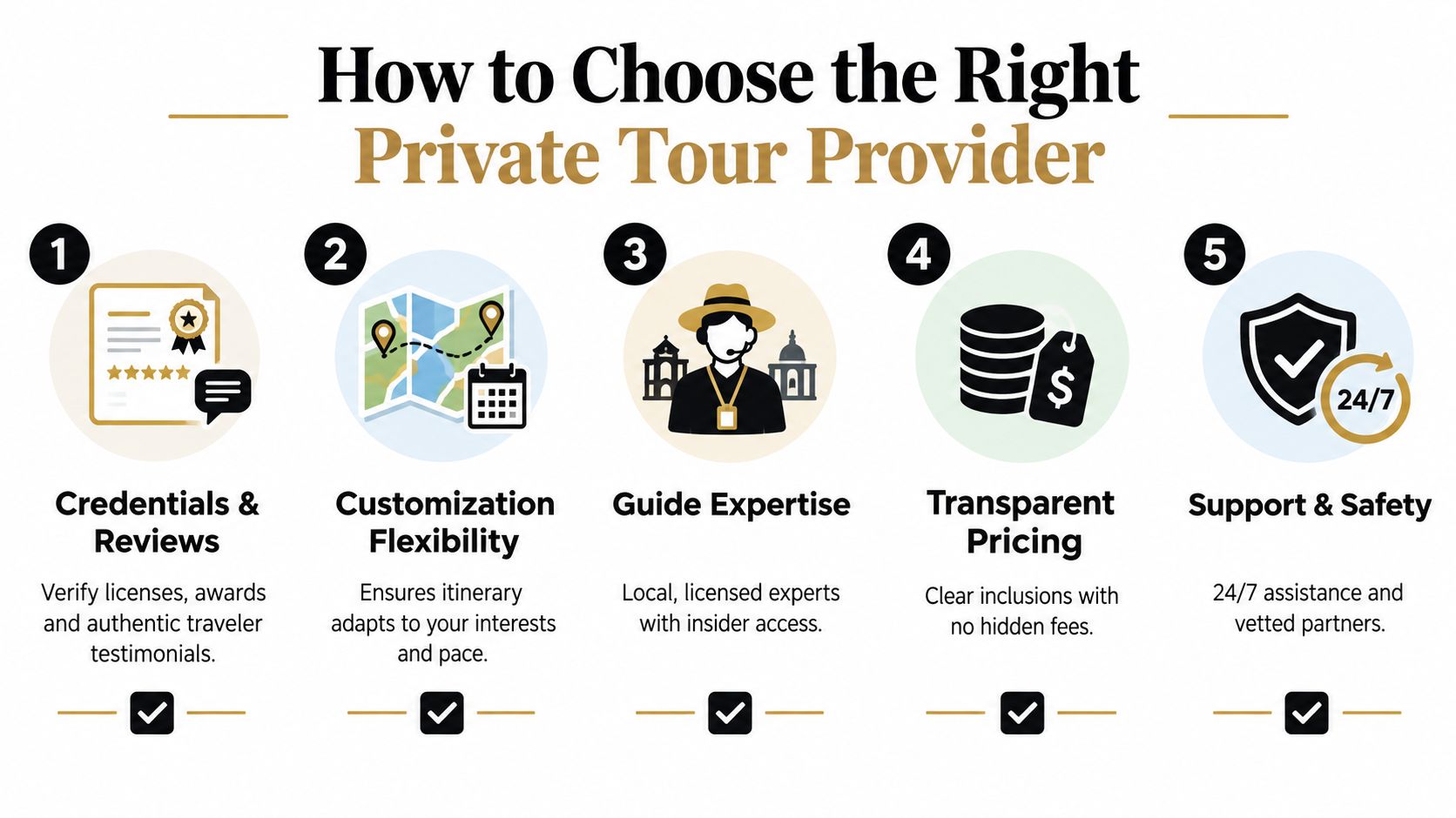 A checklist infographic titled How to Choose the Right Private Tour Provider with five essential tips.