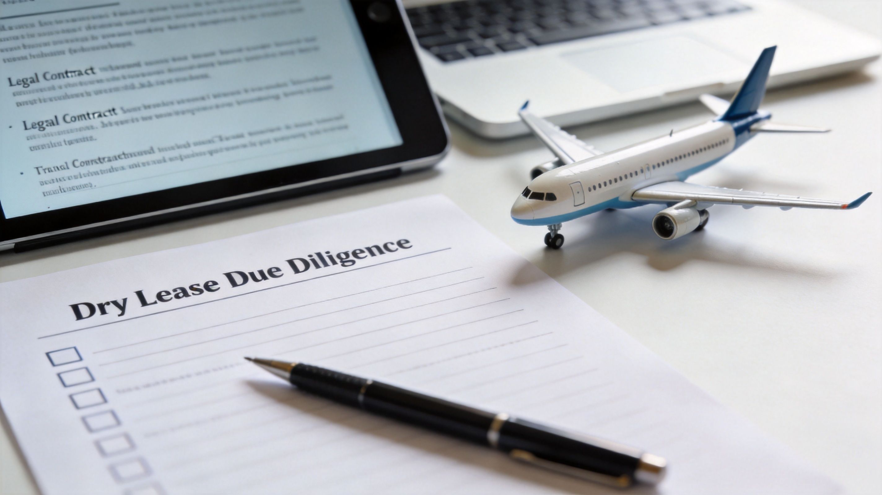 A document titled Dry Lease Due Diligence with a pen, a toy airplane, and a tablet.
