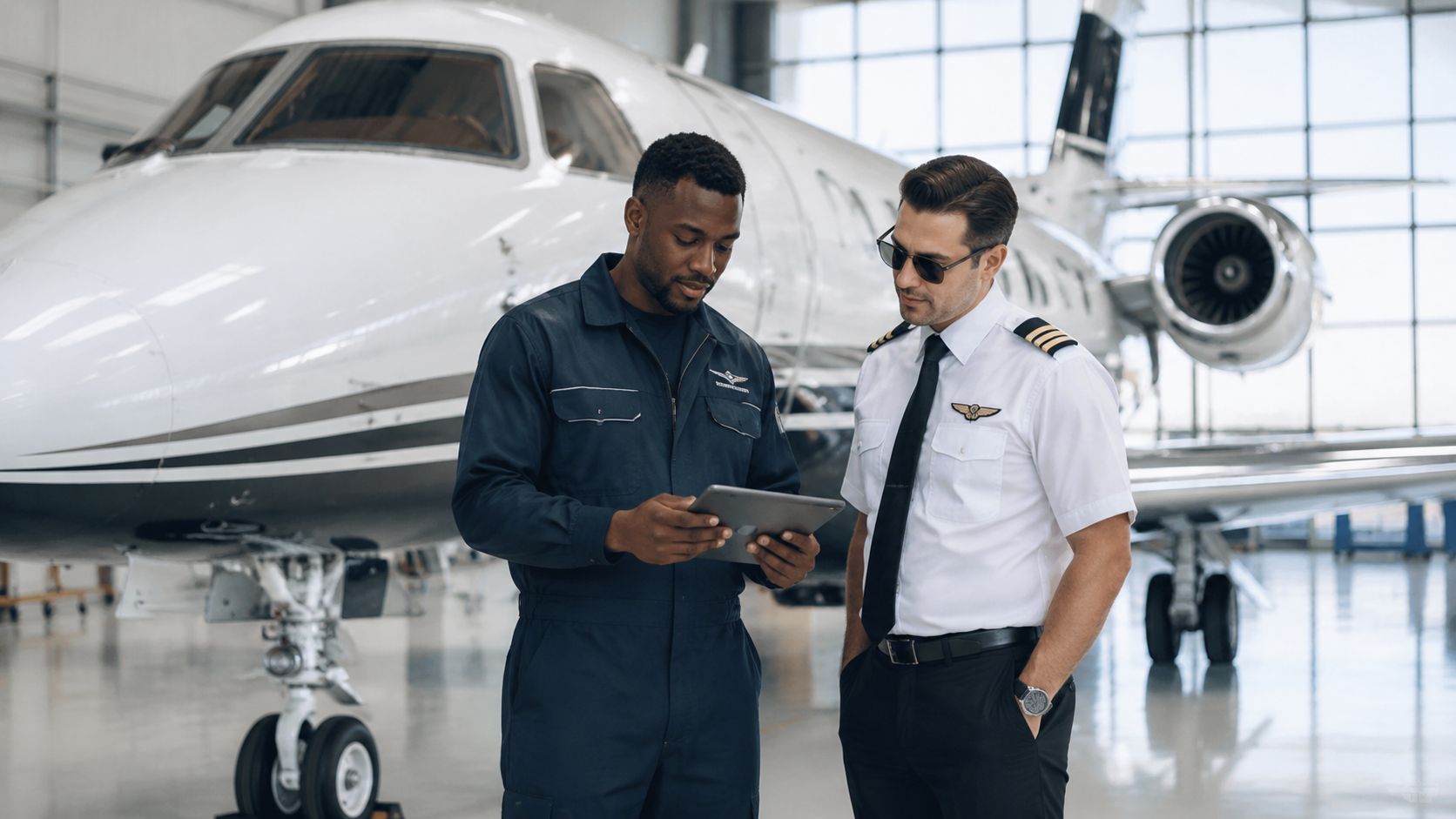 An aircraft technician and a pilot standing in a hangar while reviewing data on a digital tablet.