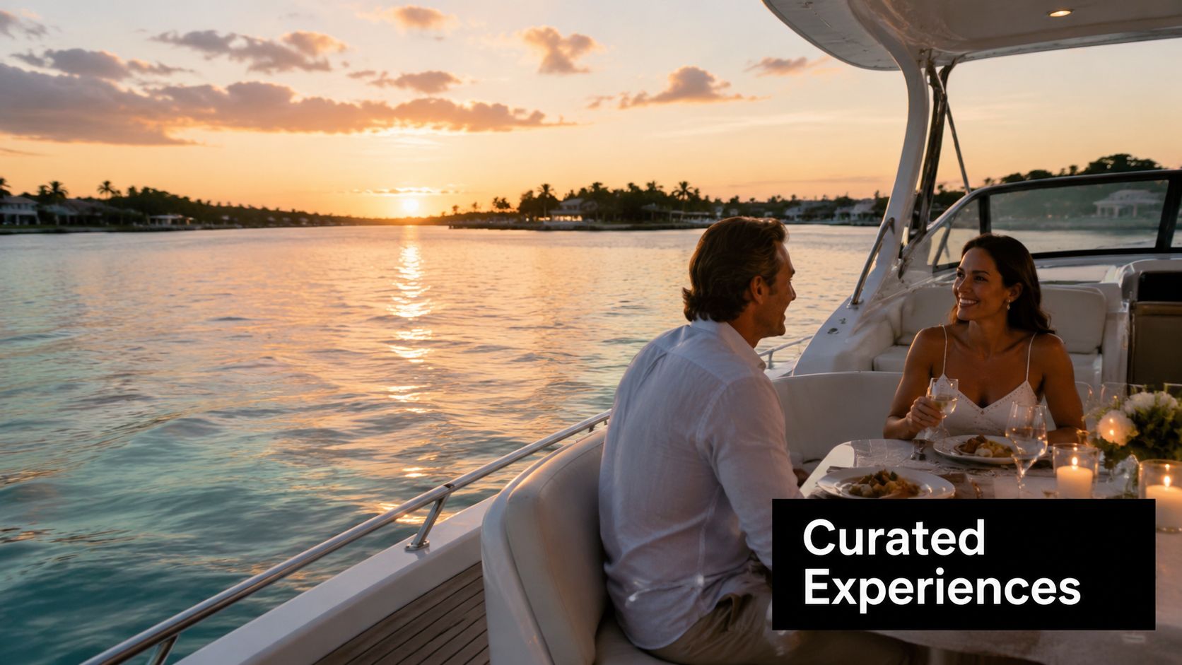 A couple enjoying a romantic sunset dinner while cruising on a luxury boat in Marco Island.