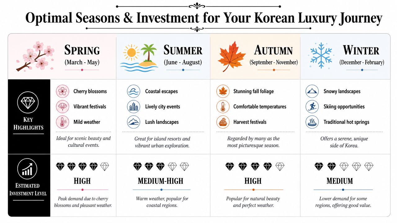 An infographic showing the best seasons to travel to South Korea with investment levels for each period.