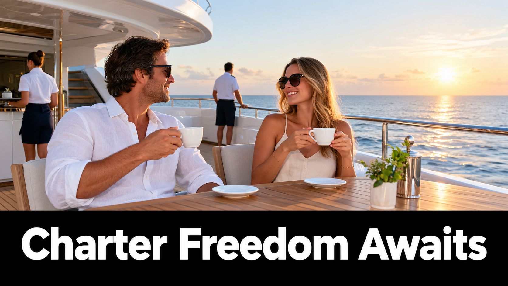 A couple enjoying coffee while relaxing on the deck of a luxury yacht during a sunset cruise.