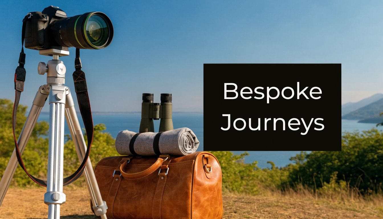A camera on a tripod, binoculars, and a leather travel bag set against a scenic landscape view.