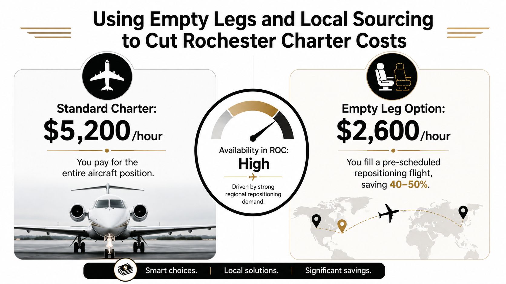 A graphic showing cost comparison between a standard charter and an empty leg private jet in Rochester.