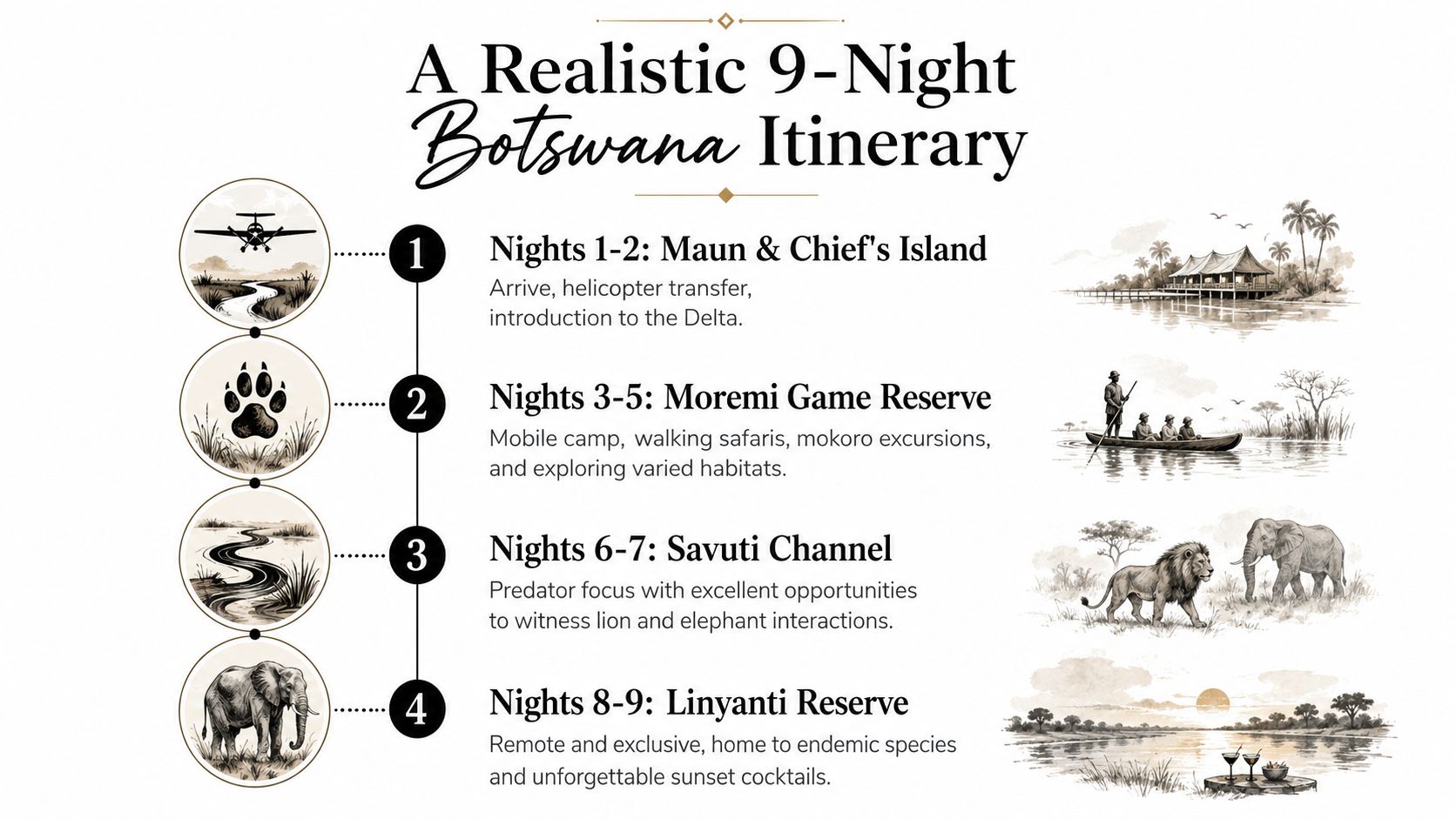A visual guide for a nine-night luxury safari itinerary in Botswana, showcasing travel segments and destinations.